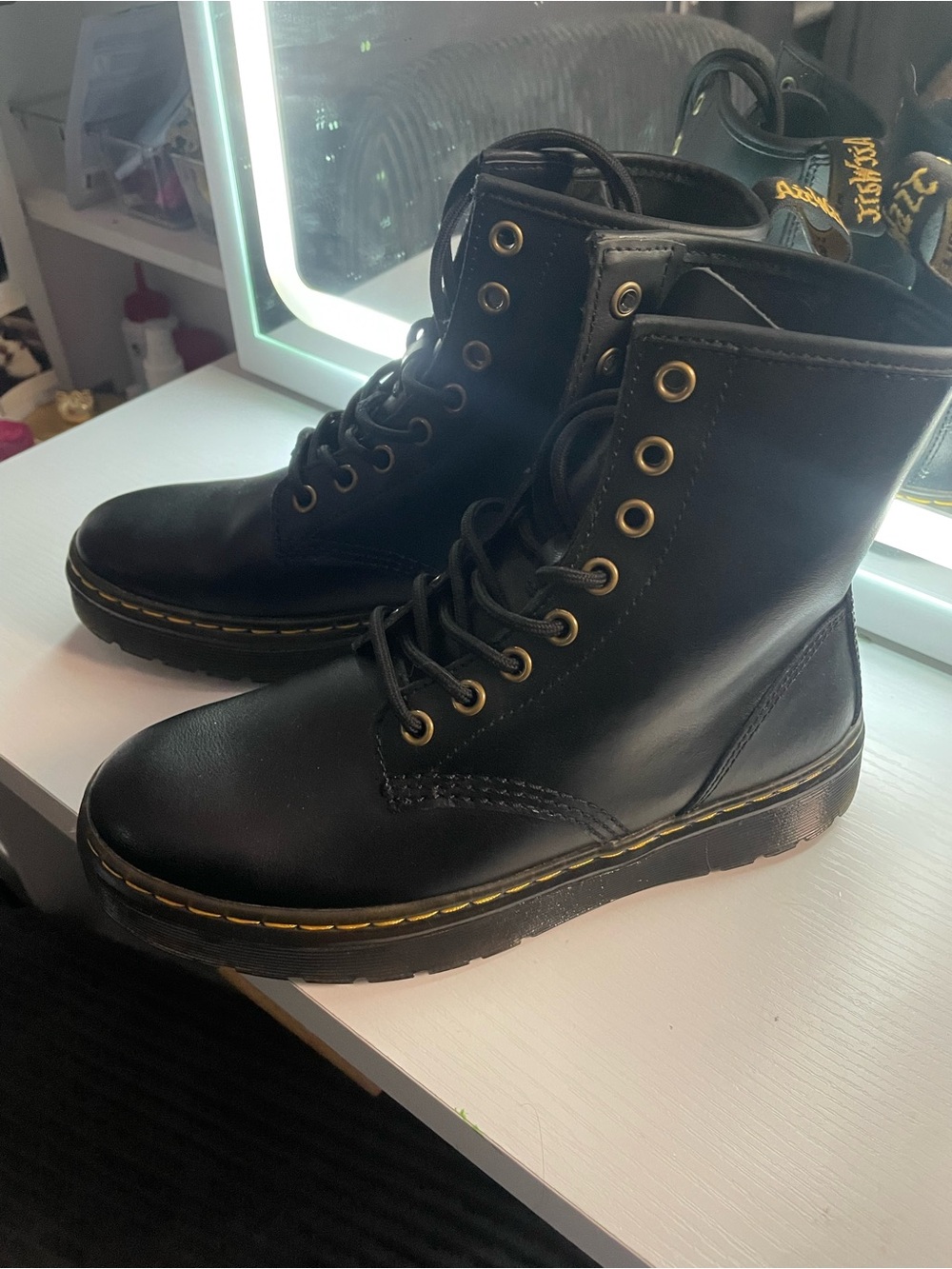 Dr. Martens Black Leather Lace-Up Boot with Yellow Heel Loop